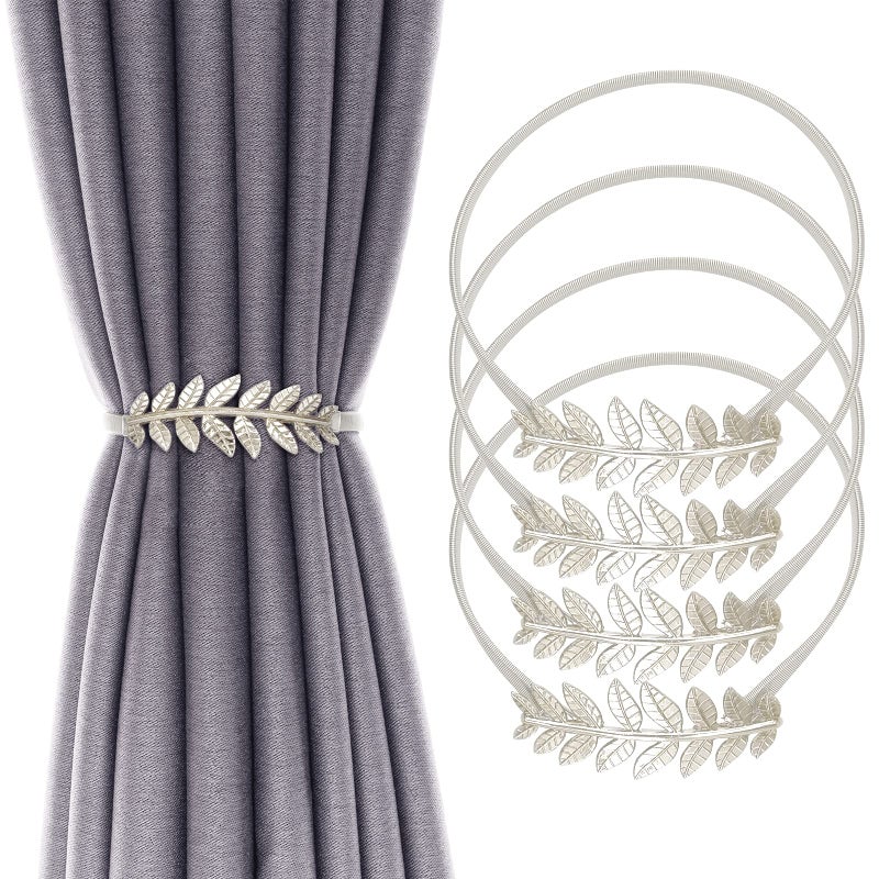 4Pack Aluminum Alloy Spring Design Curtain Tiebacks  Leaf Carving Design Curtain Ties for Drapes  Modern Style Holdbacks Silver Leaf