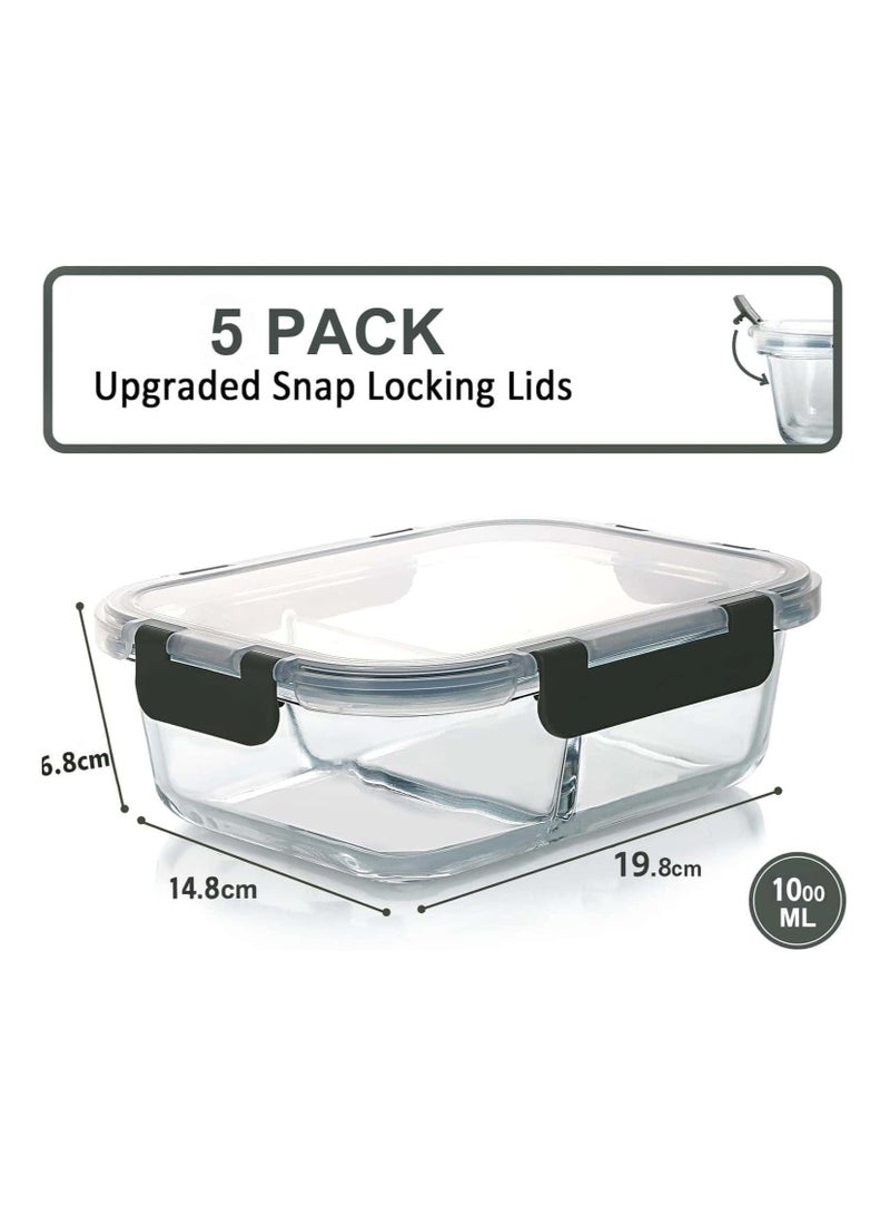 Anmi 5Pack 1000ml Glass Food Containers with Lids (2 Compartments) - Image 3