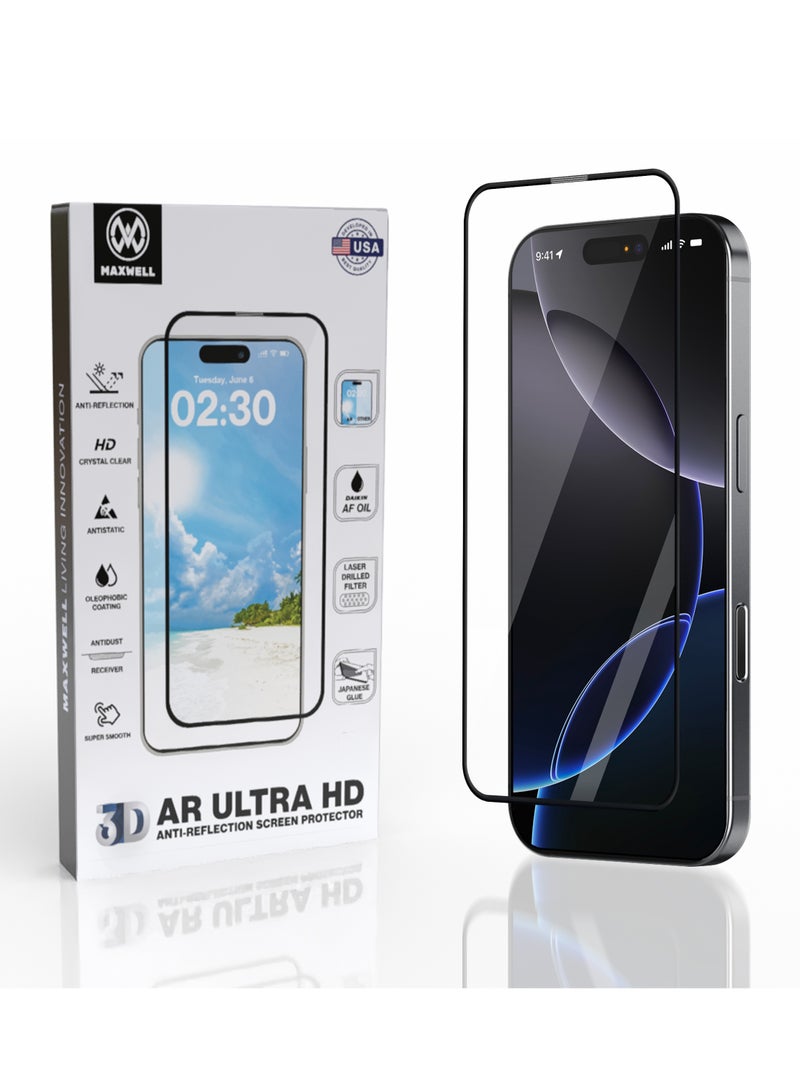ماكسويل للالكترونيات حامي شاشة Maxwell 3D ضد الانعكاس متوافق مع iPhone 16 Pro بحجم 5.89 بوصة، يوفر وضوحًا عالي الدقة وشاشة شفافة تمامًا. يحتوي على طبقة مضادة للبصمات واللطخات، وطبقة مقاومة للغبار والكهرباء الساكنة، مما يحافظ على شاشة نظيفة. سهل التركيب ويضمن عملية تثبيت خالية من الفقاعات. - Image 1