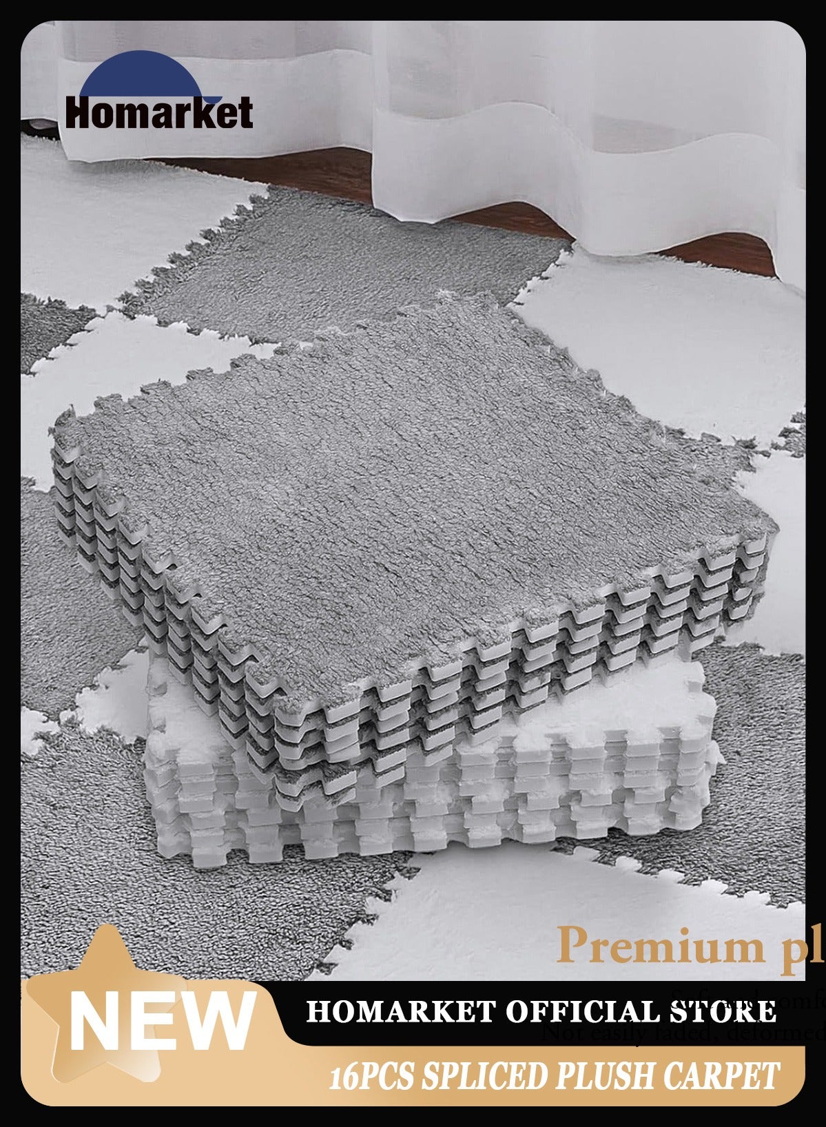 16Pcs Interlocking Foam Mats, Fluffy Carpet Tiles, Plush Area Rug, Square Splicing Floor Tiles, Soft Playmat Puzzle Floor Mat for Play Room, 30*30*1cm(Grey/White)