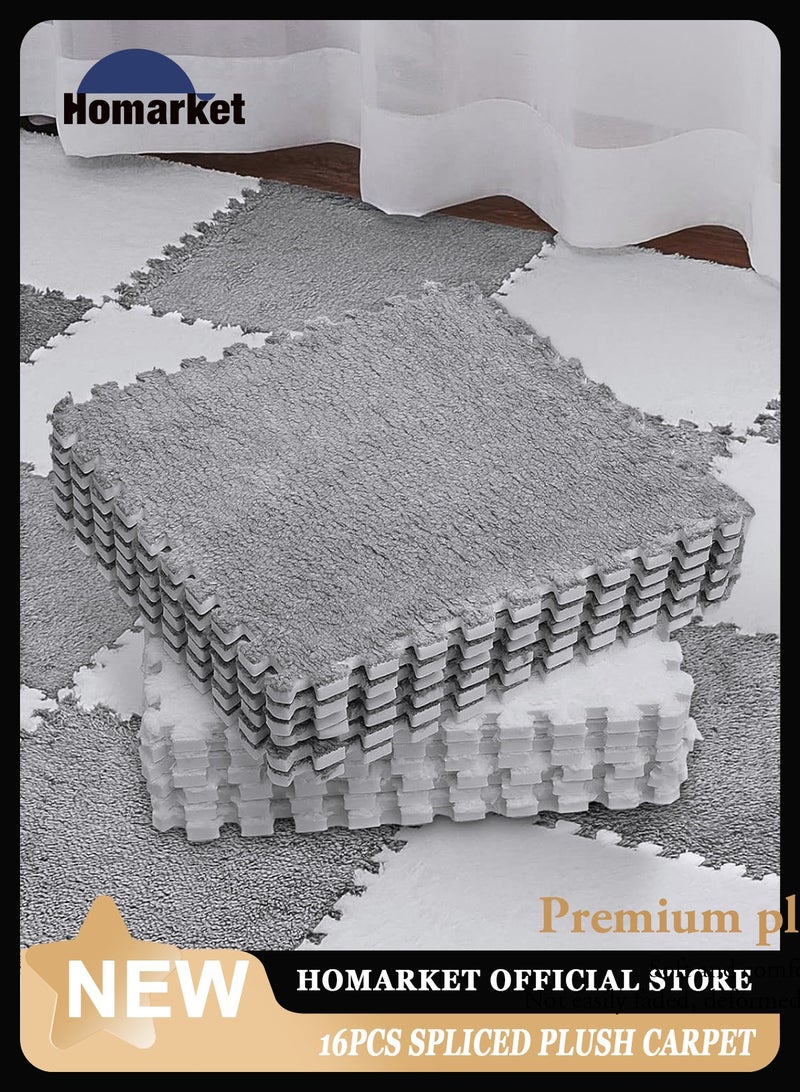HomarKet 16Pcs Interlocking Foam Mats, Fluffy Carpet Tiles, Plush Area Rug, Square Splicing Floor Tiles, Soft Playmat Puzzle Floor Mat for Play Room, 30*30*1cm(Grey/White) - Image 1