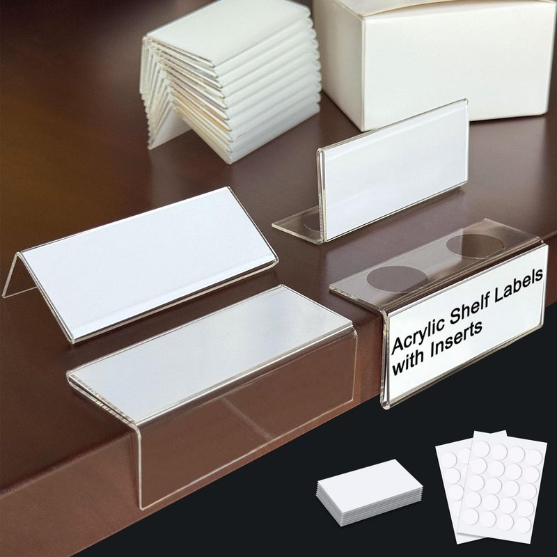 ChanQnTon Acrylic Shelf Labels,L-Shape Book Shelf Labels,Price Tags,Sign Holder,Display Stand.20Pack 1.25x3.15inch with Paper Inserts&Double Sided Sticky Dots.for Library,School,Home,Office,Store - Image 1