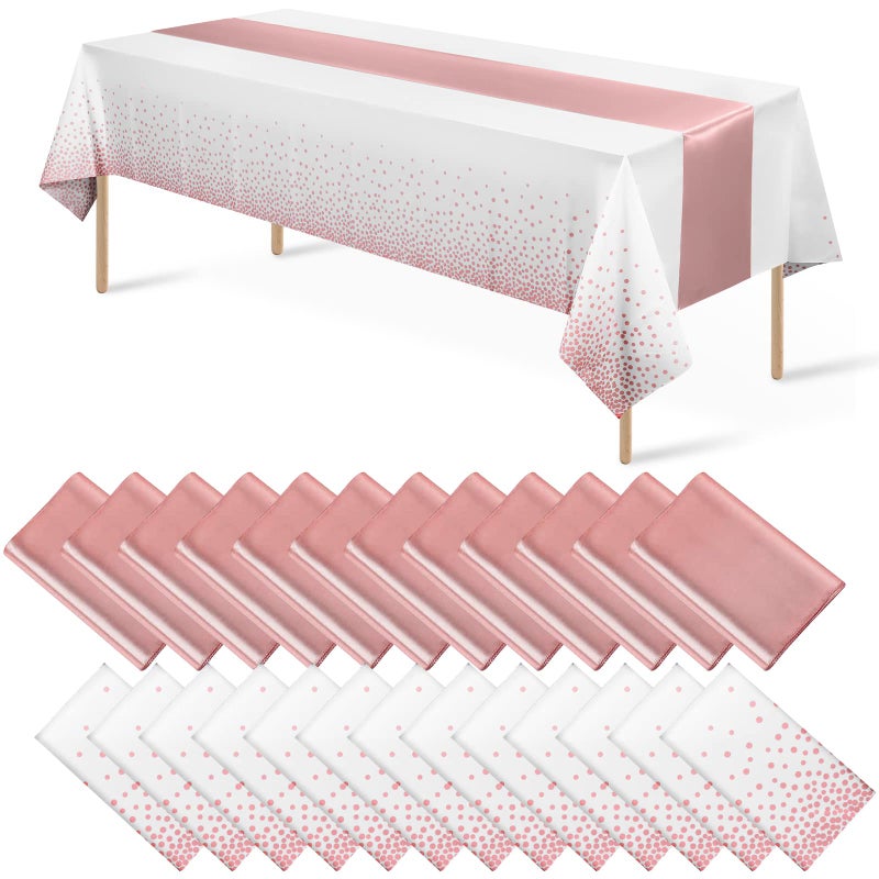 MASHAN 24 Pack White and Rose Gold Tablecloth Set  Rectangular PEVA Tablecloths and Satin Table Runners for Wedding Baby Shower Anniversary Christmas New Year Party