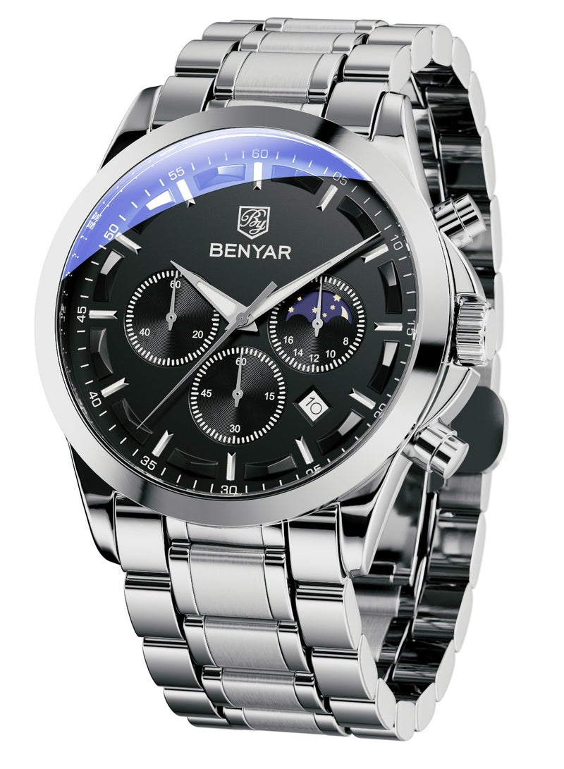 BENYAR BY BENYAR Men's Chronograph Watch 30 m Waterproof Luminous Classic Fashion Watches Large Dial Date Analogue Quartz Watch Elegant Gift for Men - Image 1