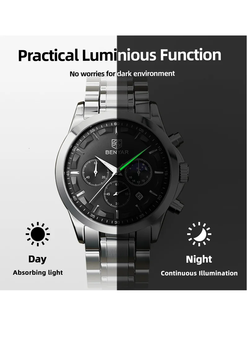 BENYAR BY BENYAR Men's Chronograph Watch 30 m Waterproof Luminous Classic Fashion Watches Large Dial Date Analogue Quartz Watch Elegant Gift for Men