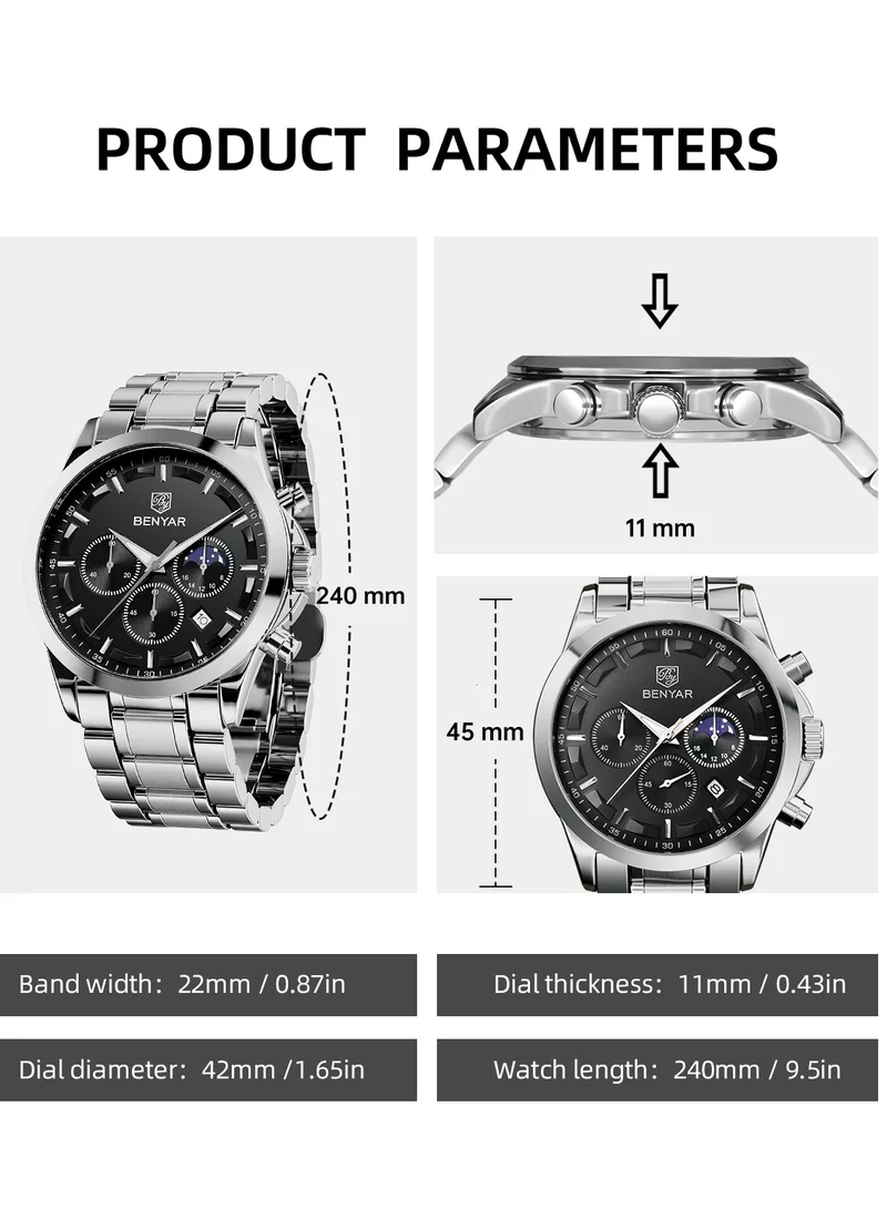 BENYAR BY BENYAR Men's Chronograph Watch 30 m Waterproof Luminous Classic Fashion Watches Large Dial Date Analogue Quartz Watch Elegant Gift for Men