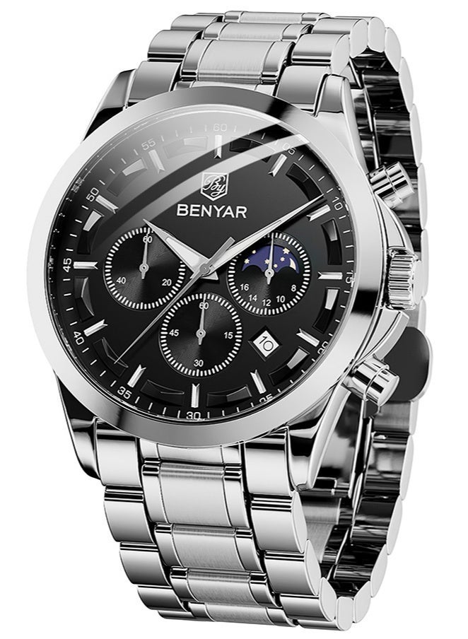 BENYAR BY BENYAR Men's Chronograph Watch 30 m Waterproof Luminous Classic Fashion Watches Large Dial Date Analogue Quartz Watch Elegant Gift for Men - Image 1