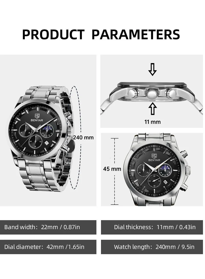 Benyar Silver A BY BENYAR Men's Chronograph Watch 30 m Waterproof Luminous Classic Fashion Watches Large Dial Date Analogue Quartz Watch Elegant Gift for Men for Men | Best Price UAE