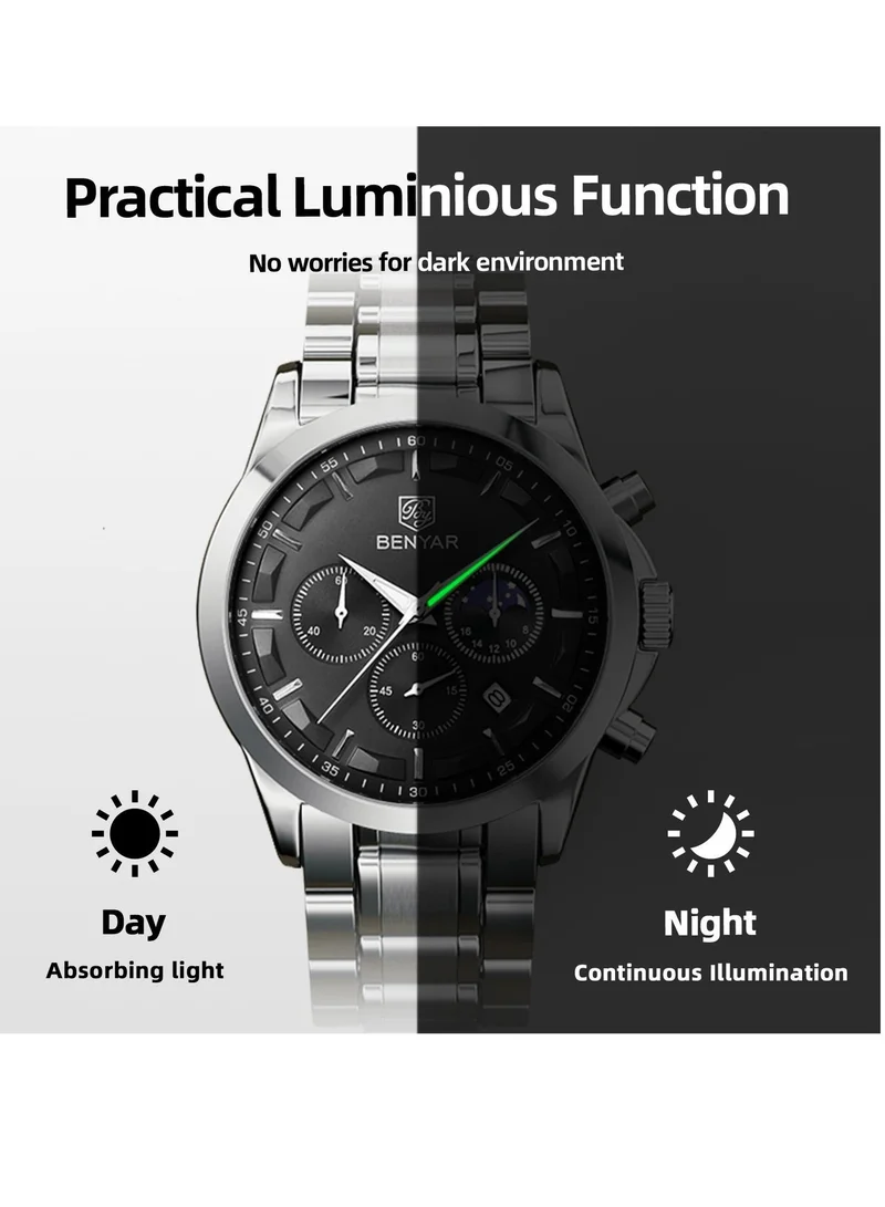 Benyar Silver A BY BENYAR Men's Chronograph Watch 30 m Waterproof Luminous Classic Fashion Watches Large Dial Date Analogue Quartz Watch Elegant Gift for Men for Men | Best Price UAE