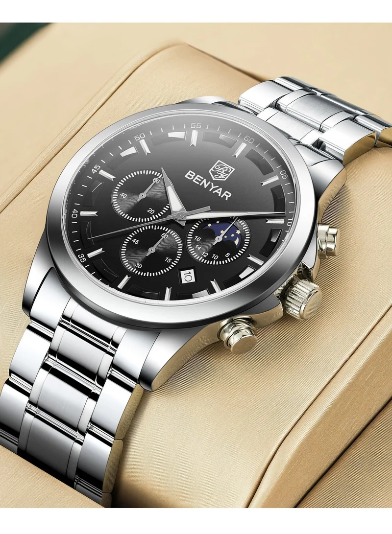Benyar Silver A BY BENYAR Men's Chronograph Watch 30 m Waterproof Luminous Classic Fashion Watches Large Dial Date Analogue Quartz Watch Elegant Gift for Men for Men | Best Price UAE