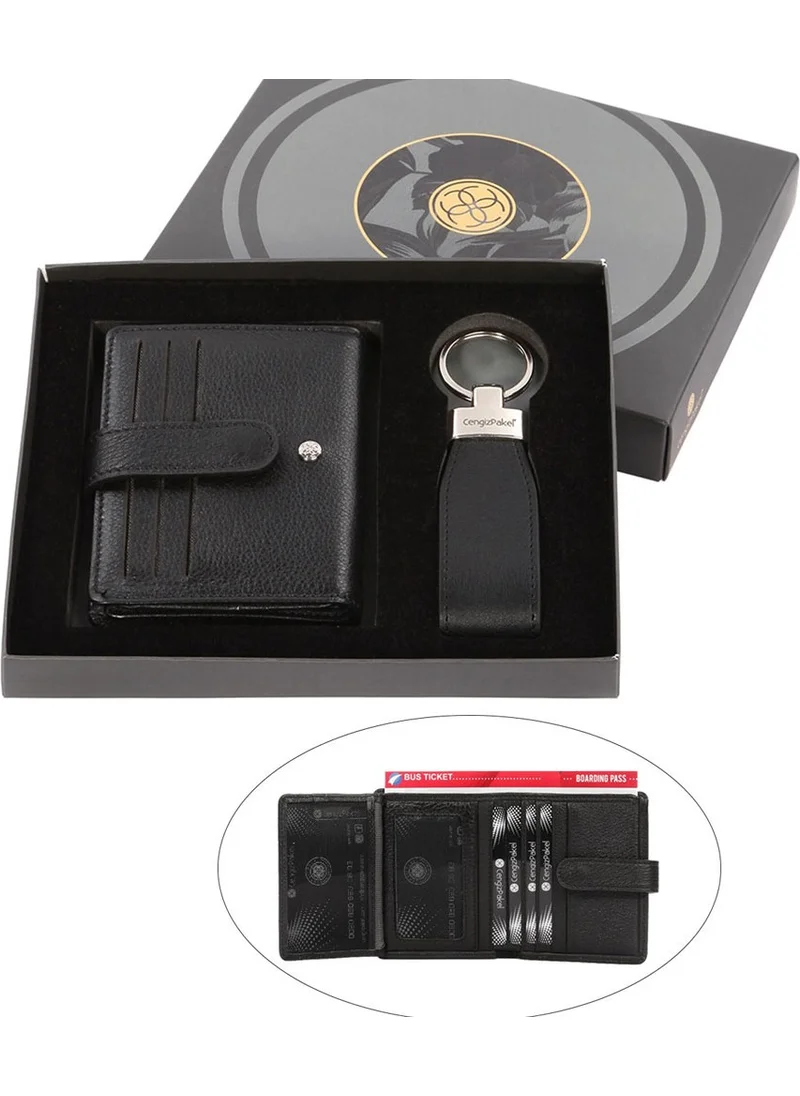 Cengiz Pakel Genuine Leather Small Size Black Men's Wallet + Keychain Gift Set