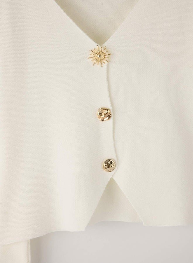 trendyol كارديجان محبوك بتفاصيل زر باللون الإكرو - Image 5