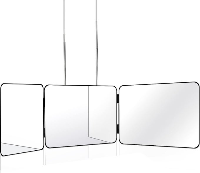 MIRROR WITH HEIGHT ADJUSTABLE TELESCOPING HOOKSAND 5X MAGNIFICATION MIRRORFOR MAKEUP HAIR STYLING 3 WAY MIRROR FOR HAIR CUTTING360 TRIFOLD