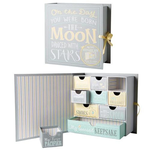 Votum Baby Keepsake Box for Treasured Memories, Moon & Stars - Lightweight, Handcrafted Baby Boxes with 9 Labeled Compartments for First Memories - Gender Neutral Baby Shower Gifts for Girls, Boys - Image 1