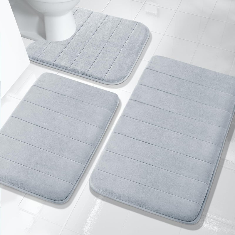 Yimobra 3 Pieces Memory Foam Bath Mat Sets  31.5 x 19.8 + 17x24 and U-Shaped for Bathroom Rugs  Toilet Mats  Non-Slip  Soft Comfortable  Water Absorption  Machine Washable  Silver - Image 1