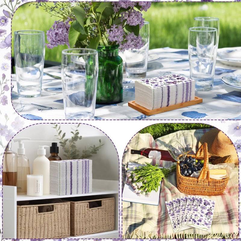 Epakh 200 Pcs Bulk Purple Floral Napkins Guest Towels 2 Ply Disposable Paper Butterfly Napkins Spring Dinner Watercolor Decorative Botanical Hand Towels for Bathroom Wedding Holiday  7.9 x 4.3"" - Image 4