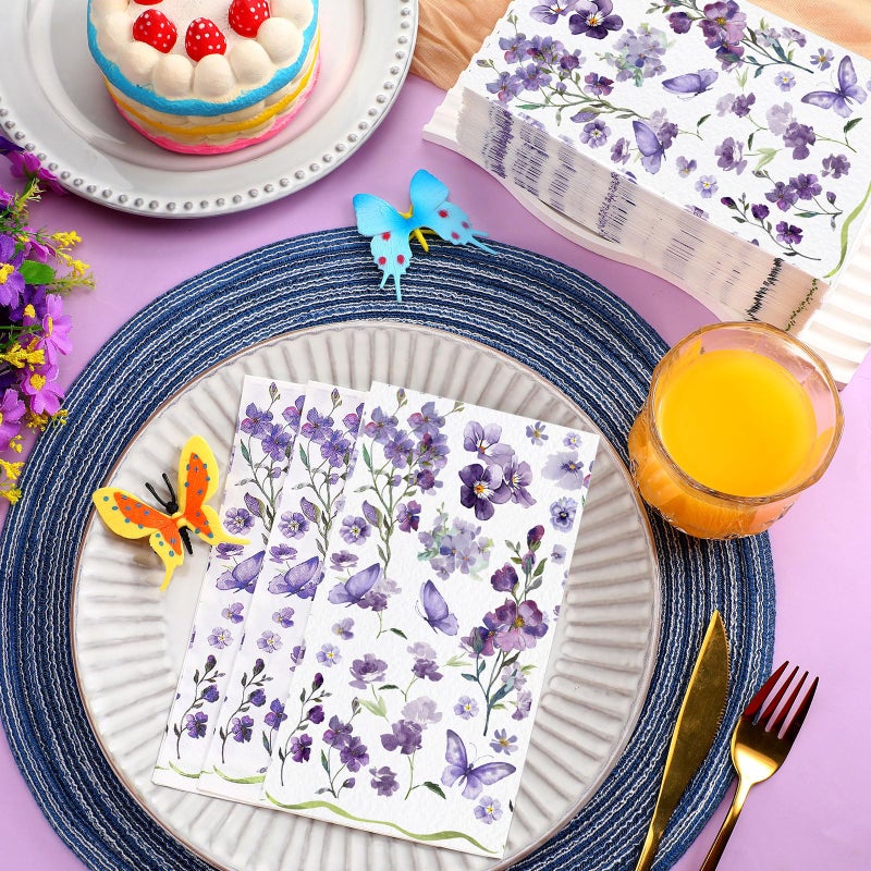 Epakh 200 Pcs Bulk Purple Floral Napkins Guest Towels 2 Ply Disposable Paper Butterfly Napkins Spring Dinner Watercolor Decorative Botanical Hand Towels for Bathroom Wedding Holiday  7.9 x 4.3"" - Image 2