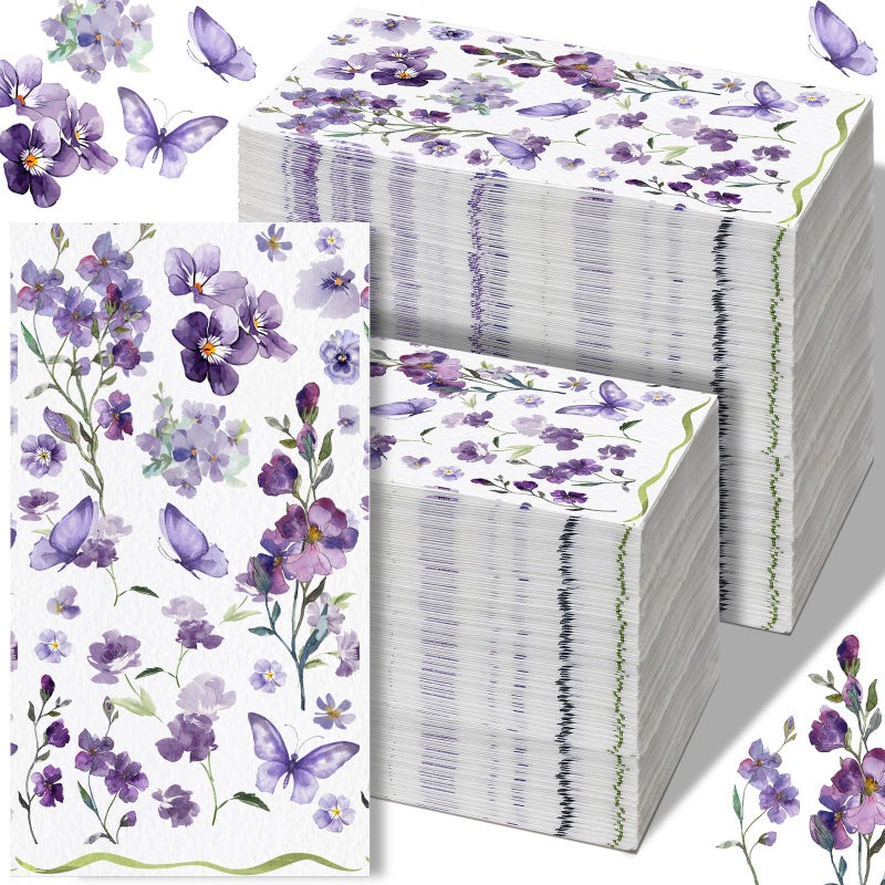 Epakh 200 Pcs Bulk Purple Floral Napkins Guest Towels 2 Ply Disposable Paper Butterfly Napkins Spring Dinner Watercolor Decorative Botanical Hand Towels for Bathroom Wedding Holiday  7.9 x 4.3"" - Image 1
