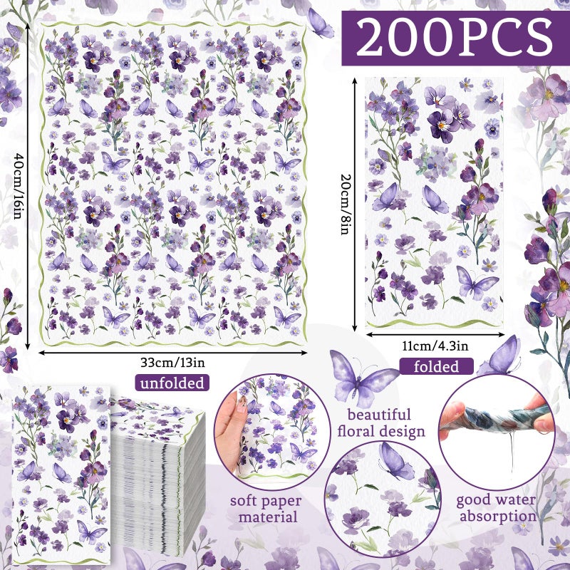 Epakh 200 Pcs Bulk Purple Floral Napkins Guest Towels 2 Ply Disposable Paper Butterfly Napkins Spring Dinner Watercolor Decorative Botanical Hand Towels for Bathroom Wedding Holiday  7.9 x 4.3"" - Image 3