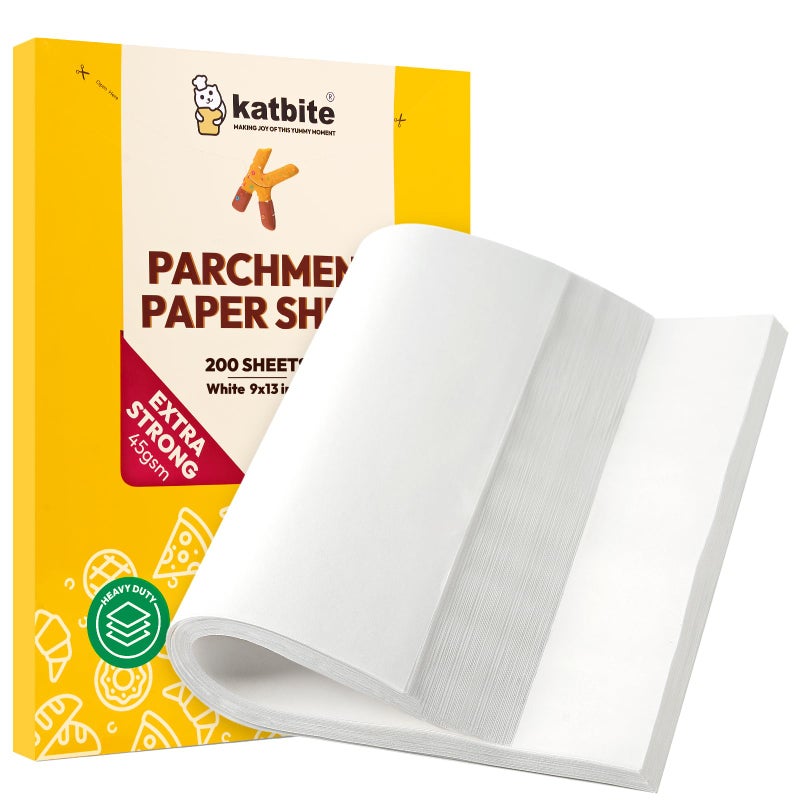 Katbite 200Pcs 9x13 inch Heavy Duty Parchment Paper Sheets Precut Parchment Paper for Quarter Sheet Pans Liners Baking Cookies Bread Meat Pizza Toaster Oven 9x13