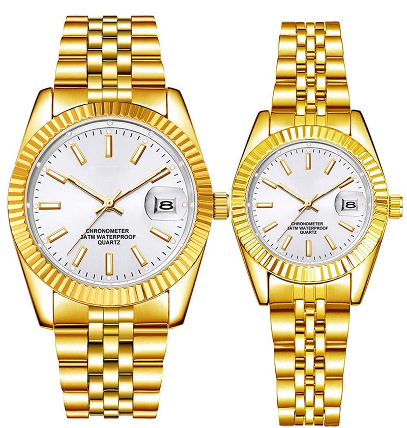 SENRUD Couple Set Watches Classic Gold Silver Stainless Steel Watch His and Hers Fashion Quartz Analog Watches (Gold White) - Image 5