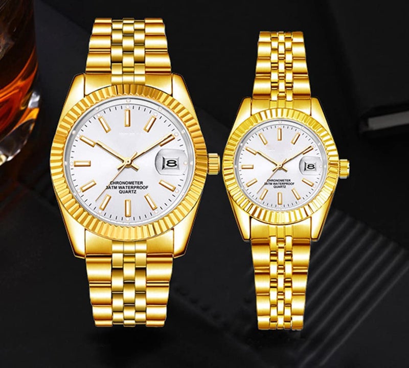 SENRUD Couple Set Watches Classic Gold Silver Stainless Steel Watch His and Hers Fashion Quartz Analog Watches (Gold White) - Image 4
