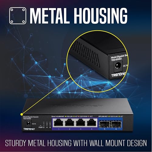 TRENDnet 6Port Unmanaged MultiGig Switch 4 x 25GBASET Ports 2 x 10G SFP Ports Fanless Compact Desktop Design Metal Housing Network Ethernet Switch Lifetime Protection Black TEGS562 - Image 3