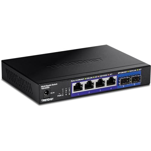 TRENDnet 6Port Unmanaged MultiGig Switch 4 x 25GBASET Ports 2 x 10G SFP Ports Fanless Compact Desktop Design Metal Housing Network Ethernet Switch Lifetime Protection Black TEGS562 - Image 1