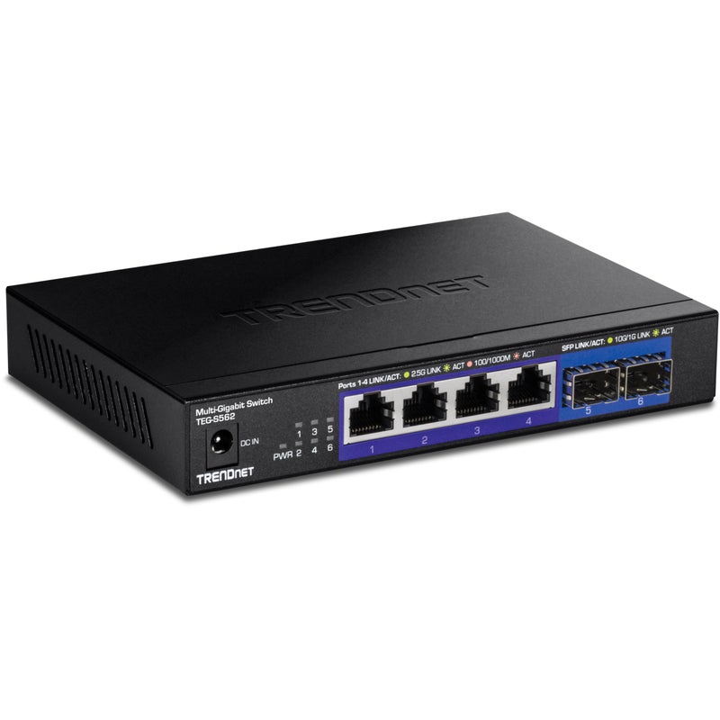 TRENDnet 6Port Unmanaged MultiGig Switch 4 x 25GBASET Ports 2 x 10G SFP Ports Fanless Compact Desktop Design Metal Housing Network Ethernet Switch Lifetime Protection Black TEGS562 - Image 2