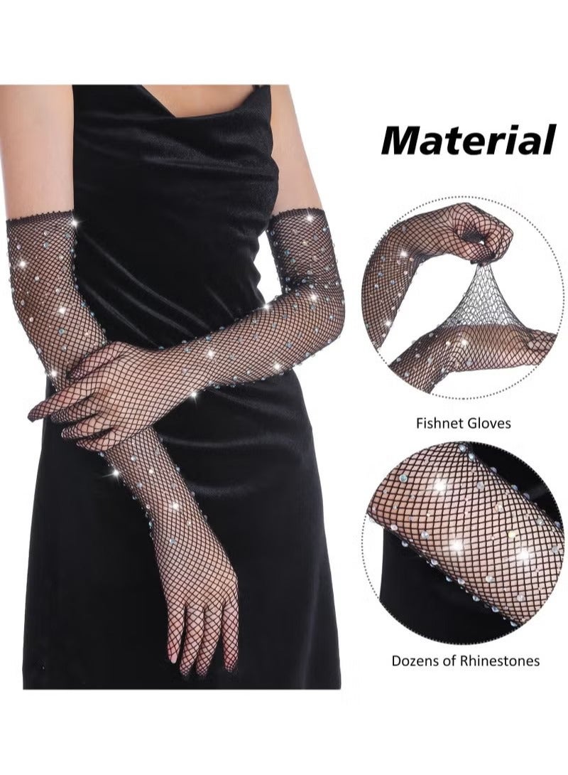 Black Fishnet Long Gloves, Women Girls 1920s Retro Five Finger Arm Sleeves with Rhinestone Clothing Accessory for Prom Party - Image 3