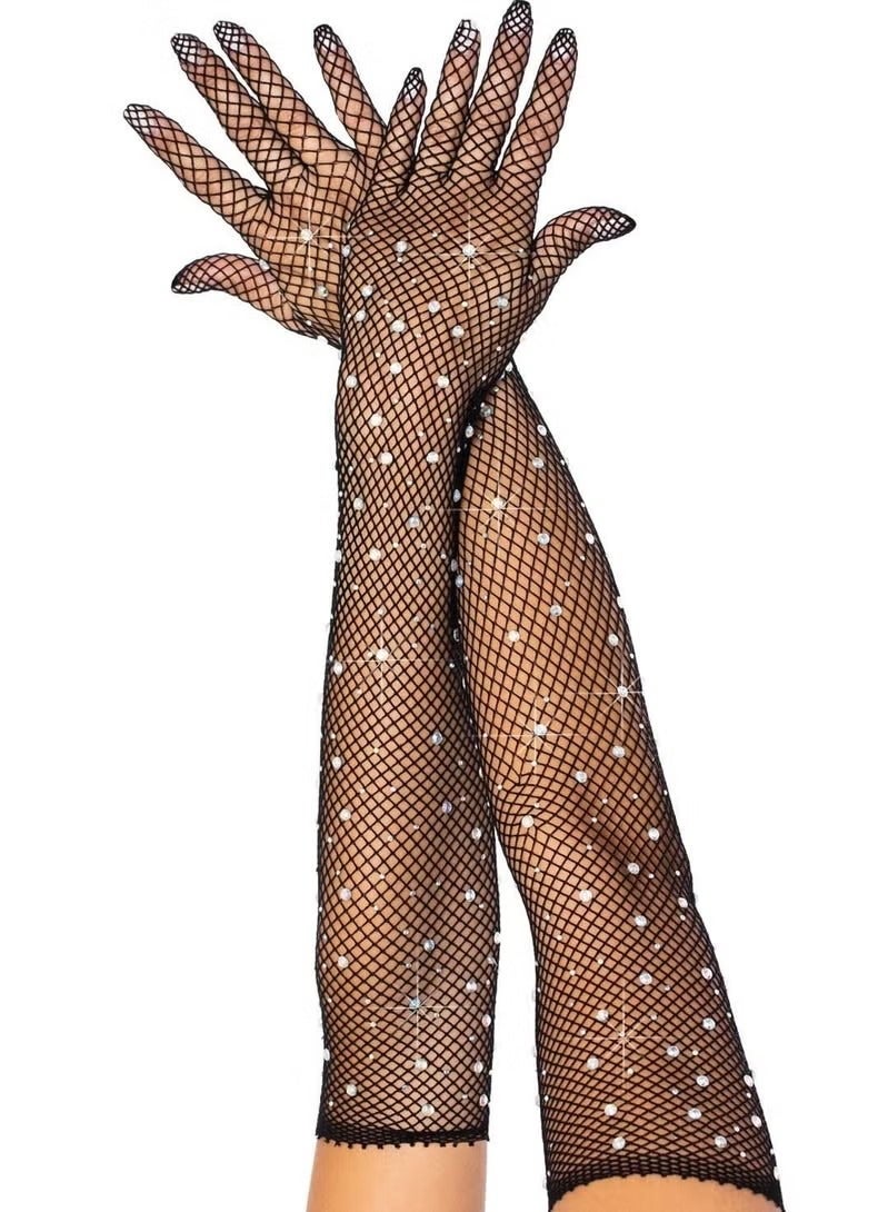 Black Fishnet Long Gloves, Women Girls 1920s Retro Five Finger Arm Sleeves with Rhinestone Clothing Accessory for Prom Party - Image 4