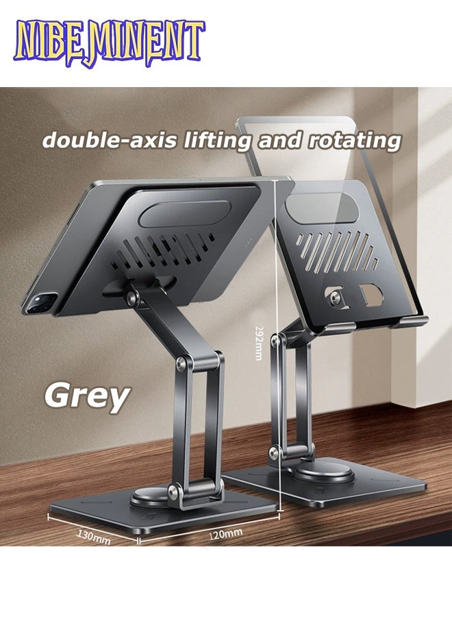 NIBEMINENT Foldable Tabletop Tablet Stand, Adjustable iPad Stand with 360° Swivel Base, Aluminum Alloy Tablet Stand, A Versatile Folding Phone Stand, Universal Compatible with 4.7"-13" Devices Grey - Image 1