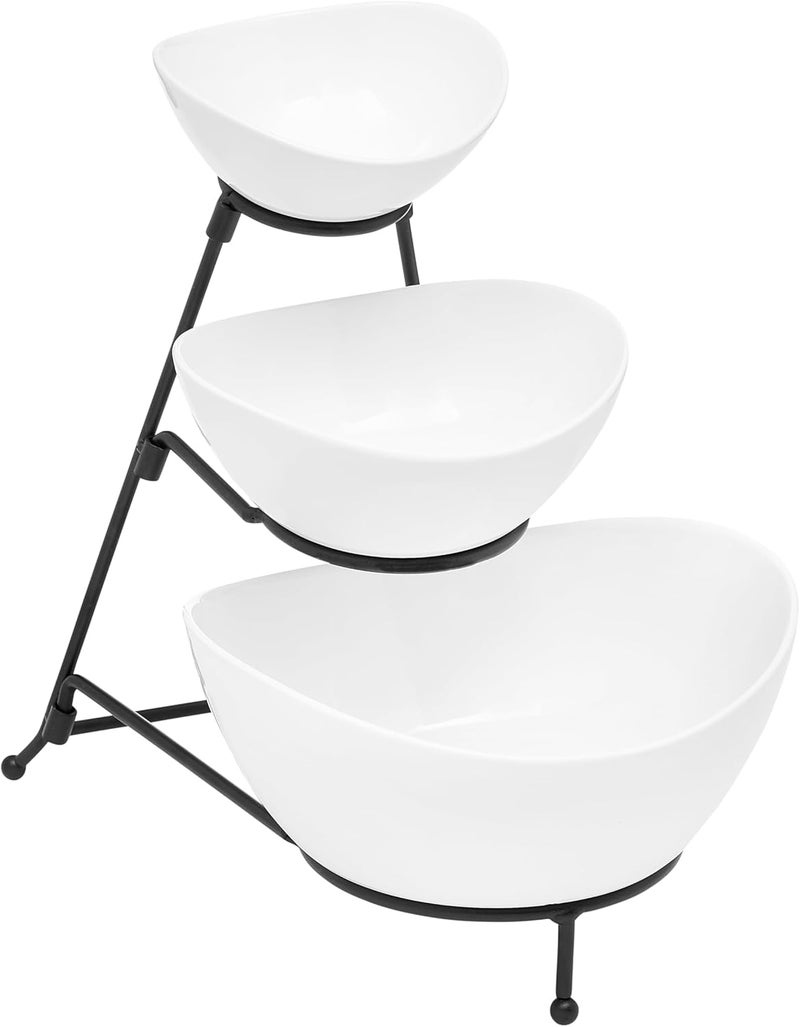 Sheffield Home 3 Tier Large Serving Bowls Set  Microwave  Dishwasher Safe Stoneware Fruit Bowl with Collapsible Black Metal Stand  Bowls for Kitchen Dinner Parties Desserts Chip and Dip  Side Dishes White - Image 1