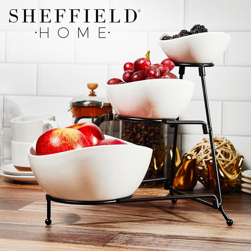 Sheffield Home 3 Tier Large Serving Bowls Set  Microwave  Dishwasher Safe Stoneware Fruit Bowl with Collapsible Black Metal Stand  Bowls for Kitchen Dinner Parties Desserts Chip and Dip  Side Dishes White - Image 4