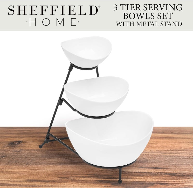 Sheffield Home 3 Tier Large Serving Bowls Set  Microwave  Dishwasher Safe Stoneware Fruit Bowl with Collapsible Black Metal Stand  Bowls for Kitchen Dinner Parties Desserts Chip and Dip  Side Dishes White - Image 3