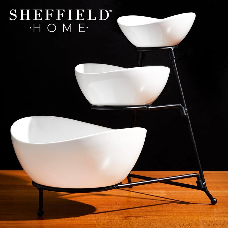 Sheffield Home 3 Tier Large Serving Bowls Set  Microwave  Dishwasher Safe Stoneware Fruit Bowl with Collapsible Black Metal Stand  Bowls for Kitchen Dinner Parties Desserts Chip and Dip  Side Dishes White - Image 5