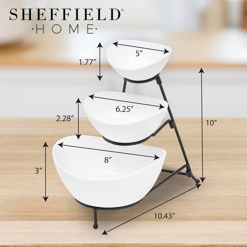 Sheffield Home 3 Tier Large Serving Bowls Set  Microwave  Dishwasher Safe Stoneware Fruit Bowl with Collapsible Black Metal Stand  Bowls for Kitchen Dinner Parties Desserts Chip and Dip  Side Dishes White - Image 2