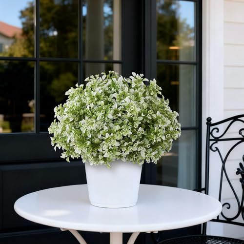 FOTEEWL Set of 2 Artificial Boxwood Topiary Ball Trees for Front Door - Realistic Faux Aglaia Odorata Bush with Pot, Fake Eucalyptus Leaves Potted Plants for Porch Farmhouse Outdoor Decor (White-Green) - Image 4