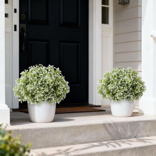 FOTEEWL Set of 2 Artificial Boxwood Topiary Ball Trees for Front Door - Realistic Faux Aglaia Odorata Bush with Pot, Fake Eucalyptus Leaves Potted Plants for Porch Farmhouse Outdoor Decor (White-Green) - Image 3
