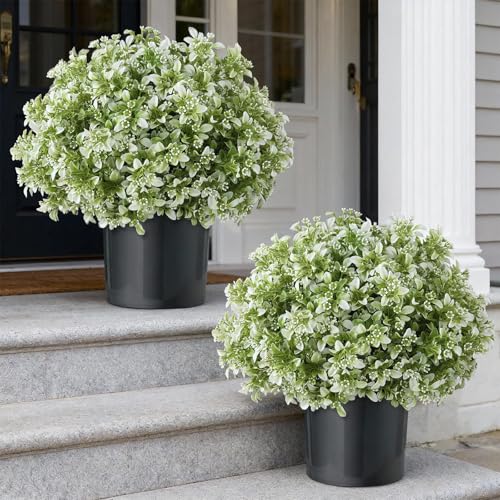 FOTEEWL Set of 2 Artificial Boxwood Topiary Ball Trees for Front Door - Realistic Faux Aglaia Odorata Bush with Pot, Fake Eucalyptus Leaves Potted Plants for Porch Farmhouse Outdoor Decor (White-Green) - Image 1