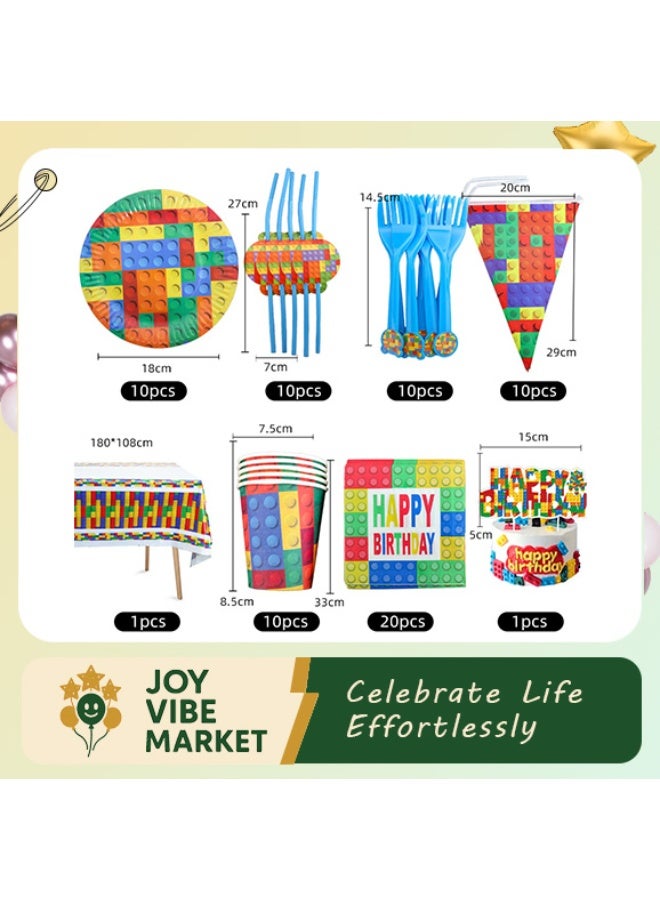 فرحة وسعادة مجموعة تزيين كاملة لمائدة حفلات مكعبات ليغو: 72 قطعة زينة + أدوات مائدة لـ10 أشخاص (أطباق، مناديل، غطاء طاولة، بانر، توب كيك) - Image 1