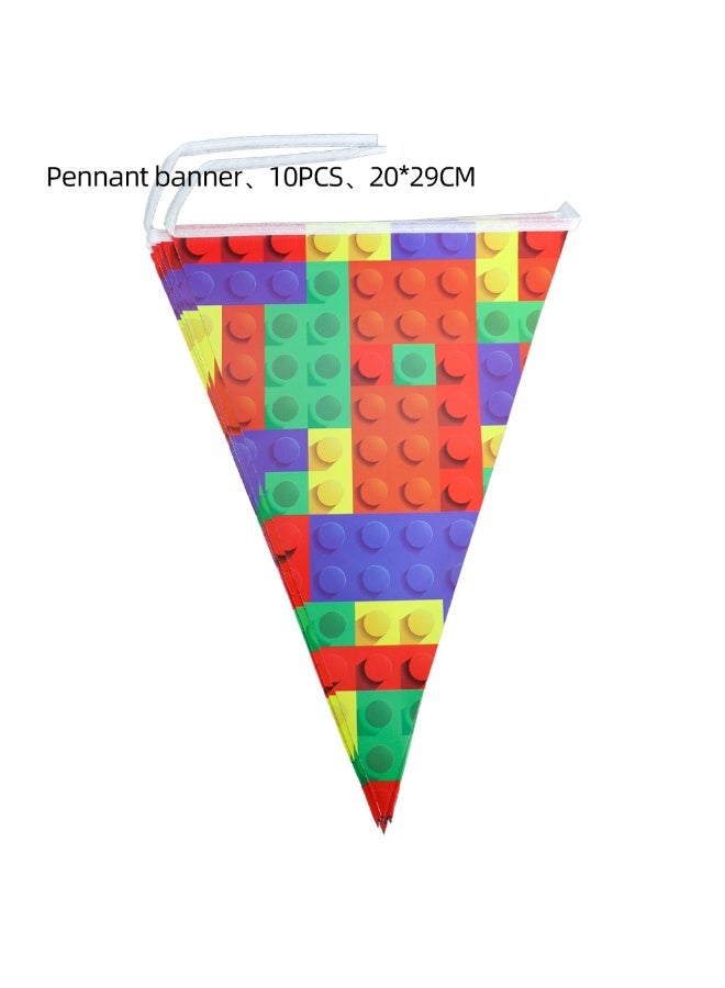 فرحة وسعادة مجموعة تزيين كاملة لمائدة حفلات مكعبات ليغو: 72 قطعة زينة + أدوات مائدة لـ10 أشخاص (أطباق، مناديل، غطاء طاولة، بانر، توب كيك) - Image 4
