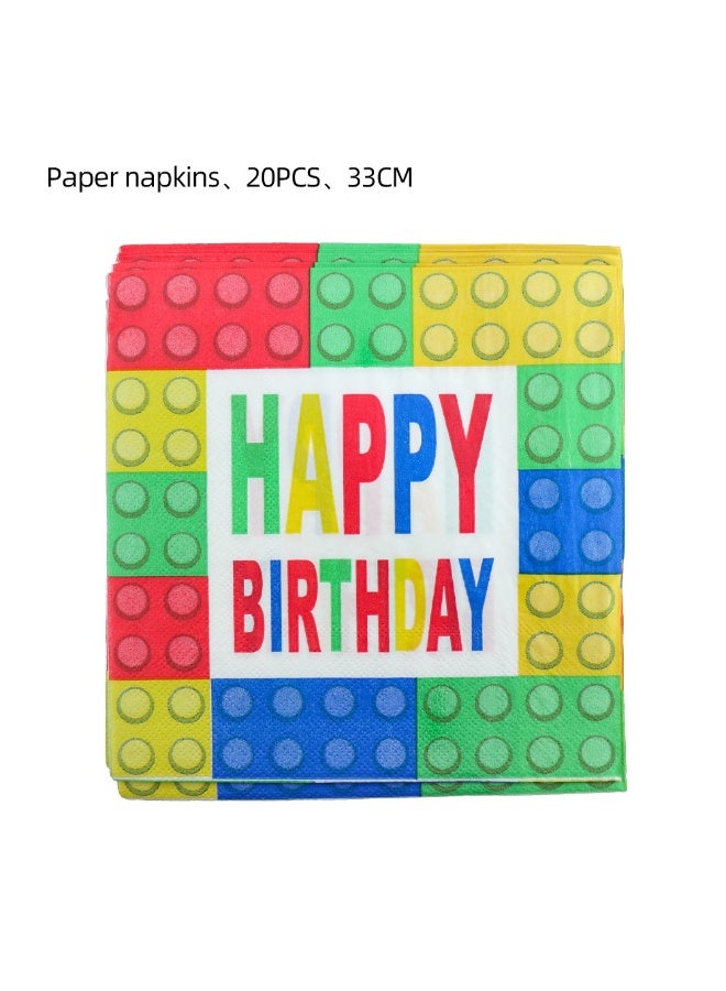 فرحة وسعادة مجموعة تزيين كاملة لمائدة حفلات مكعبات ليغو: 72 قطعة زينة + أدوات مائدة لـ10 أشخاص (أطباق، مناديل، غطاء طاولة، بانر، توب كيك) - Image 3