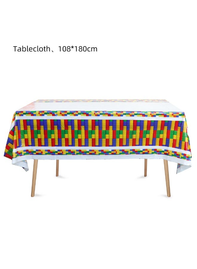 فرحة وسعادة مجموعة تزيين كاملة لمائدة حفلات مكعبات ليغو: 72 قطعة زينة + أدوات مائدة لـ10 أشخاص (أطباق، مناديل، غطاء طاولة، بانر، توب كيك) - Image 5