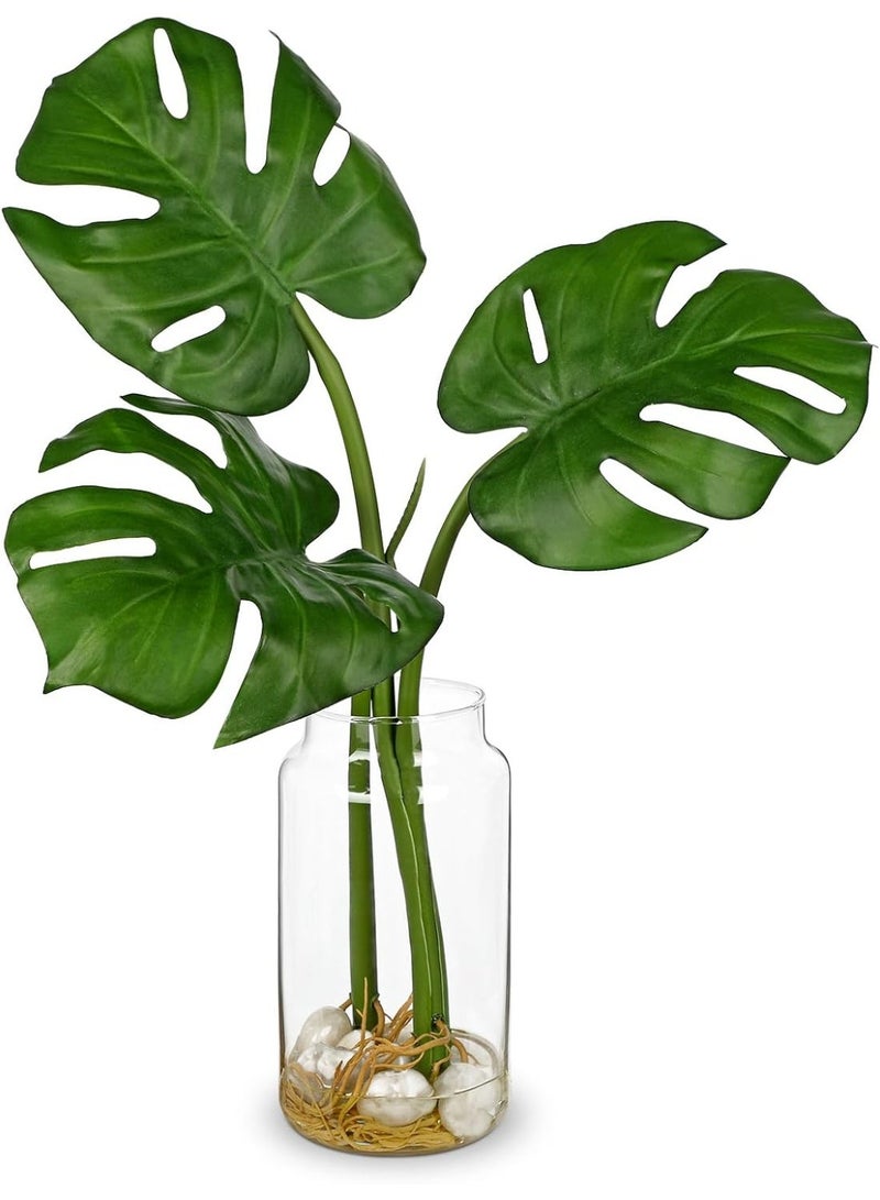 Artificial Monstera Leaves Plant in Glass Vase with Faux Water & Stones, 16.5-inch Fake Tropical Greenery for Home Decor - Image 1