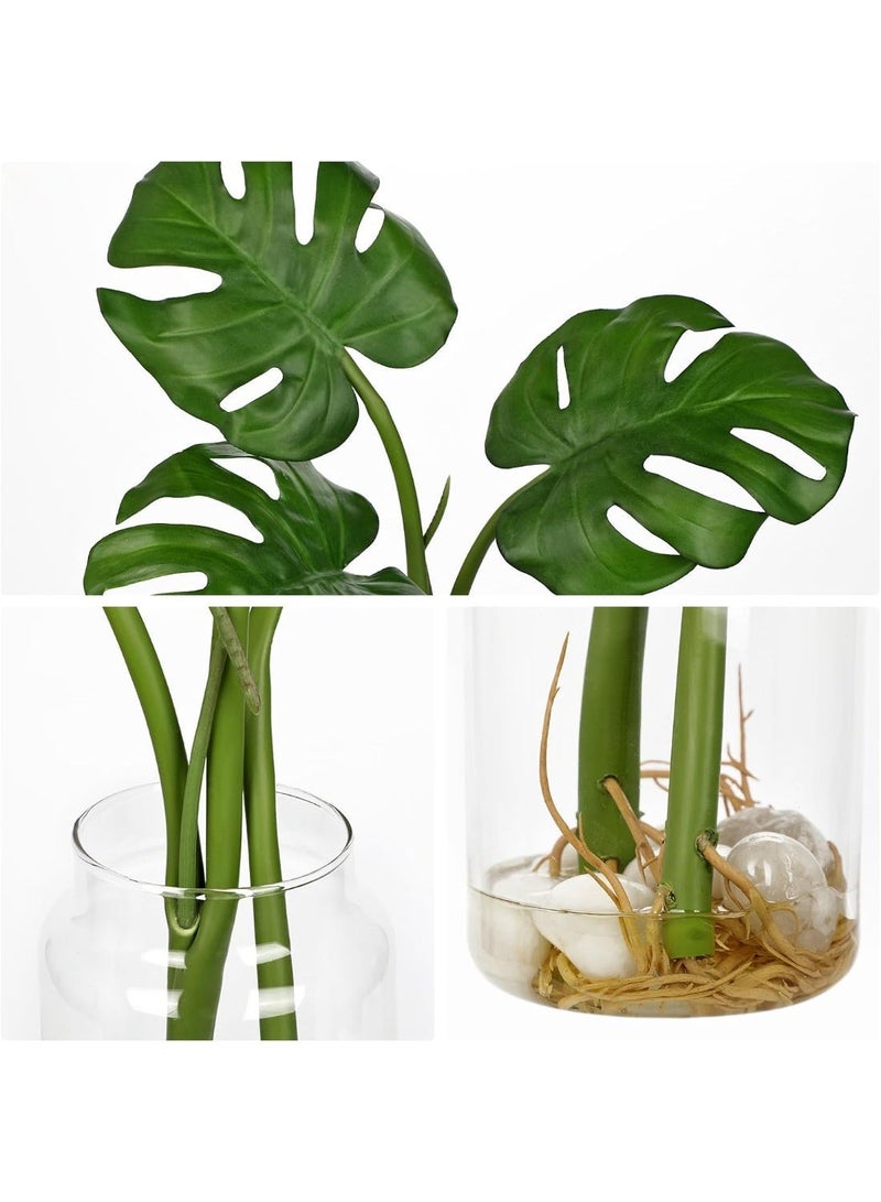 Artificial Monstera Leaves Plant in Glass Vase with Faux Water & Stones, 16.5-inch Fake Tropical Greenery for Home Decor - Image 2