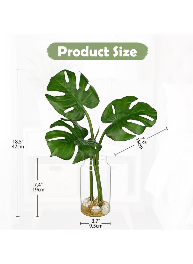 Artificial Monstera Leaves Plant in Glass Vase with Faux Water & Stones, 16.5-inch Fake Tropical Greenery for Home Decor - Image 3