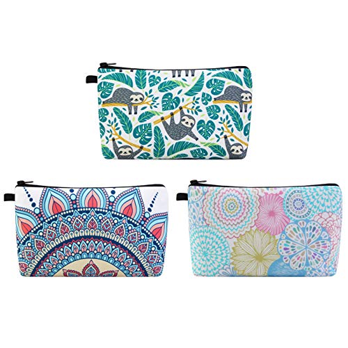 MAGEFY Makeup Bag 3 Styles Portable Travel Cosmetic Bag for Women Flower Patterns Small Toiletry Bag Sloth Gifts for Women Makeup Pouch with Black Zipper Pouch (3 packs) - Image 1