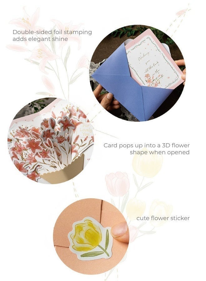 3-Pack 3D Pop-Up Flower Wish Cards,Handwritten Thank You Cards,Greeting Cards,Holiday Cards,with Envelopes & Stickers for Gratitude, Wishes - Image 3