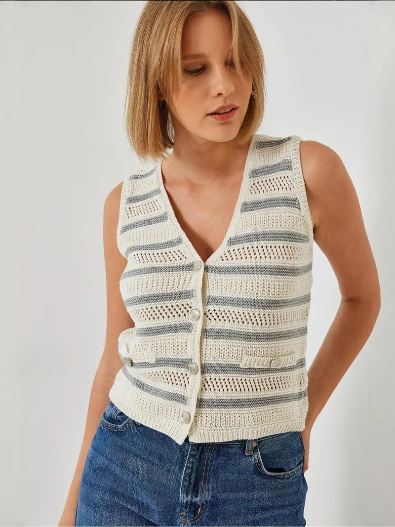 LUCCI Striped V-Neck Crop Waistcoat with Button Closure